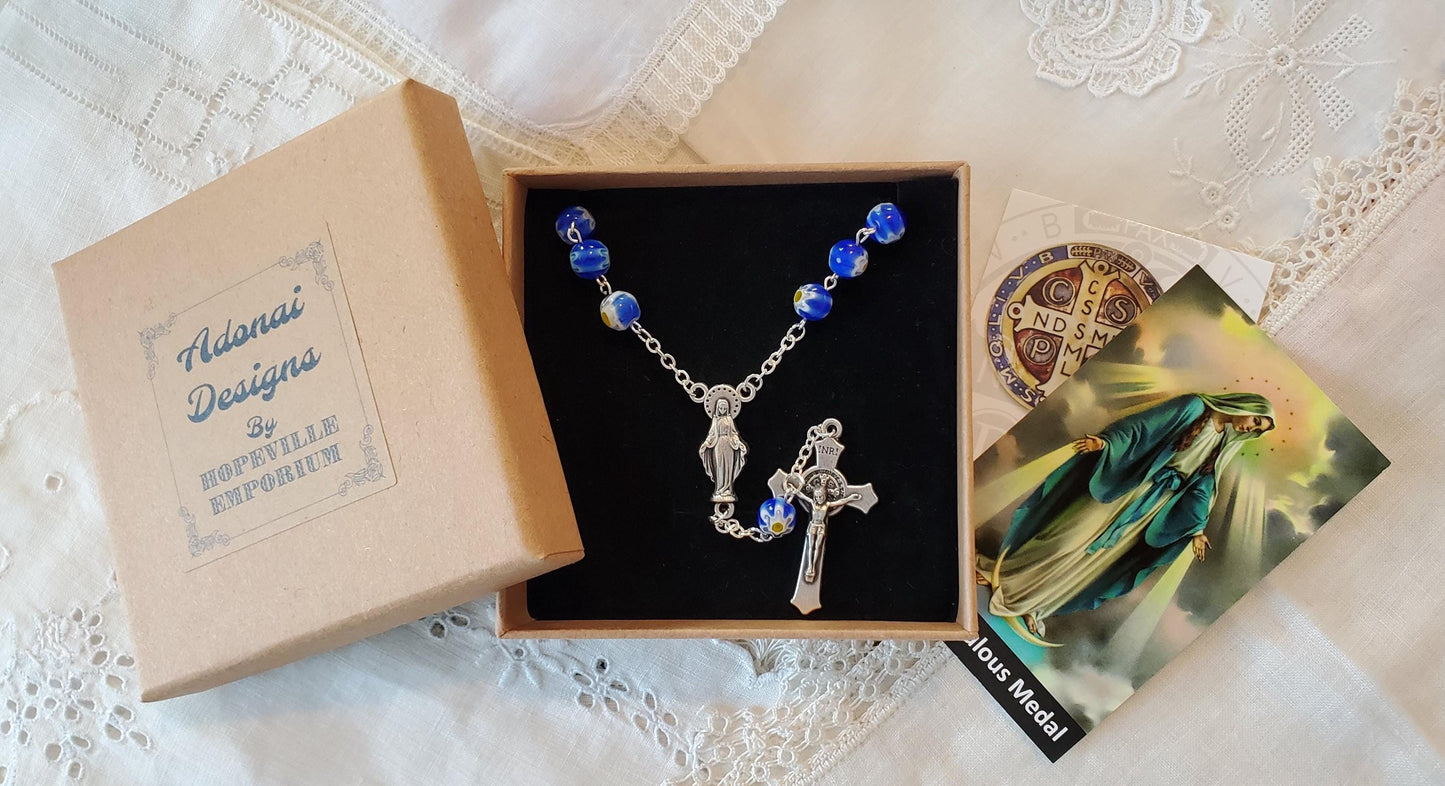 Millefiori blue white yellow handpinned Our Lady of Grace Car Rosary Saint Benedict Crucifix, Silver Plated, Lady of Grace centerpiece
