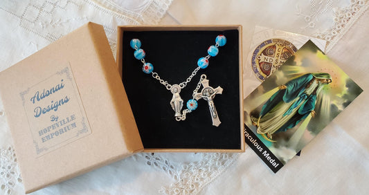 Millefiori light blue, white red handpinned  Our Lady of Grace Car Rosary Saint Benedict Crucifix, Silver Plated, Lady of Grace centerpiece