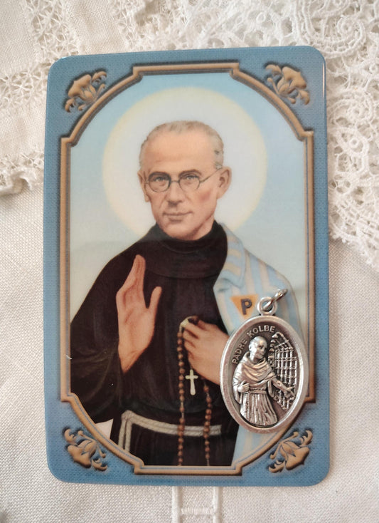 Maximilian Kolbe Medal & Prayer Card Gift Set patron Saint of Addiction Recovery Devotional imported Italian Medal