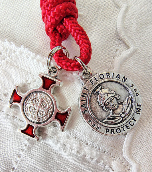 Hand Knotted Paracord St. Florian Tenner Rosary Firefighter Gift imported Italian Medal and Saint Benedict Enamel Cross prayer card gift box
