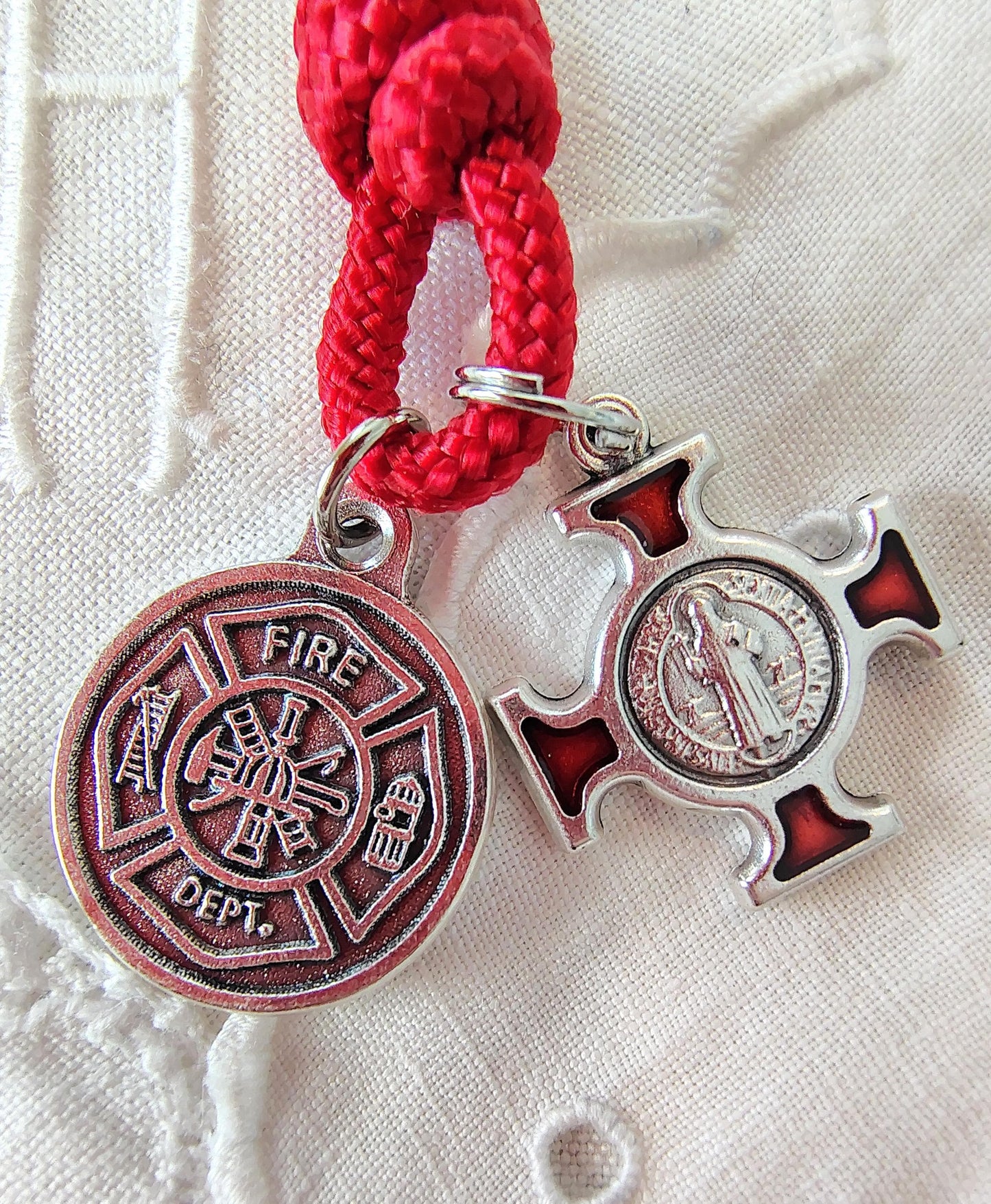 Hand Knotted Paracord St. Florian Tenner Rosary Firefighter Gift imported Italian Medal and Saint Benedict Enamel Cross prayer card gift box