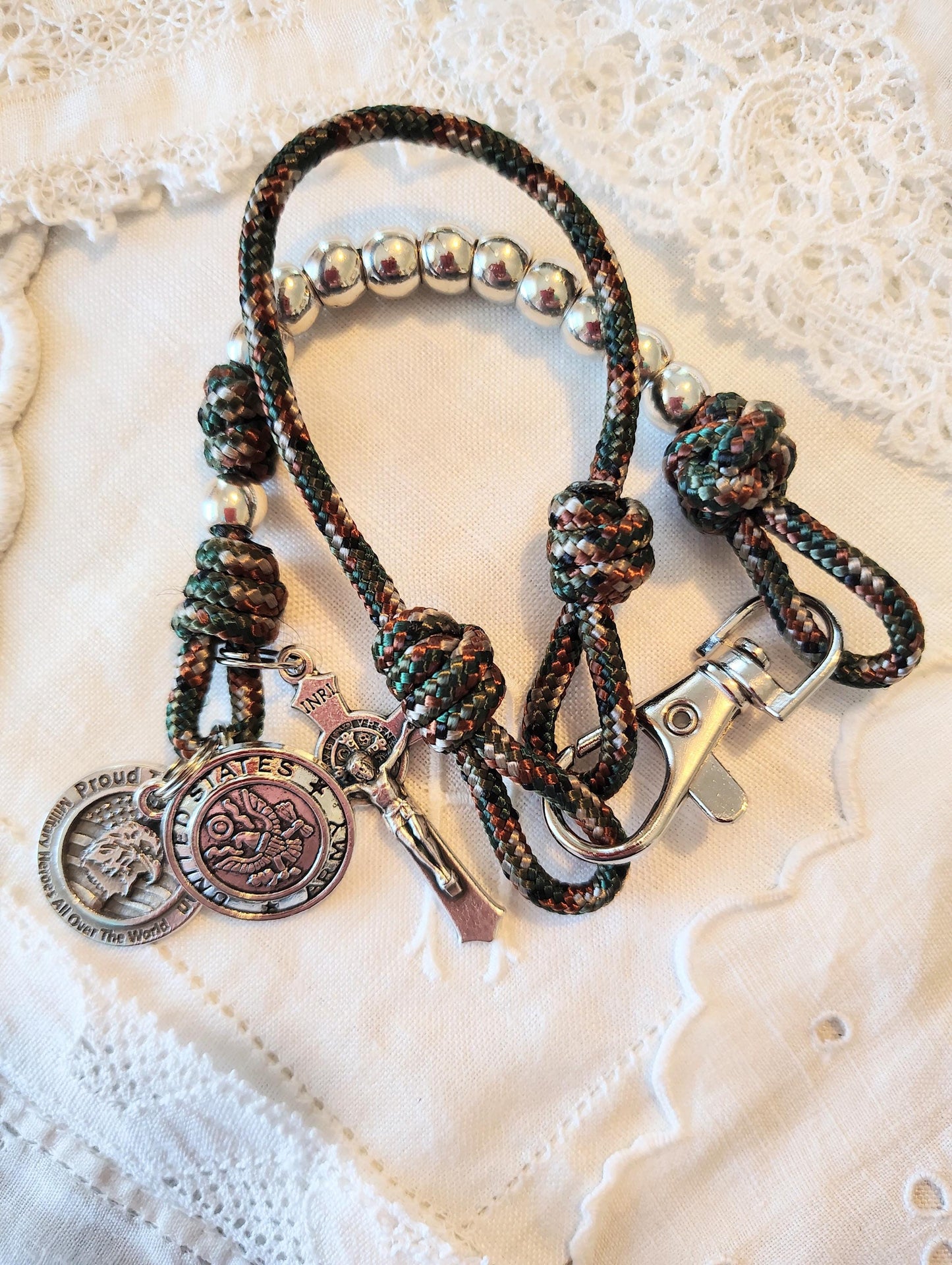Customizable by branch Military Hand Knotted Paracord Tenner Rosary gift Set Saint Michael, St. Benedict, Warrior Medal, Prayer Cards