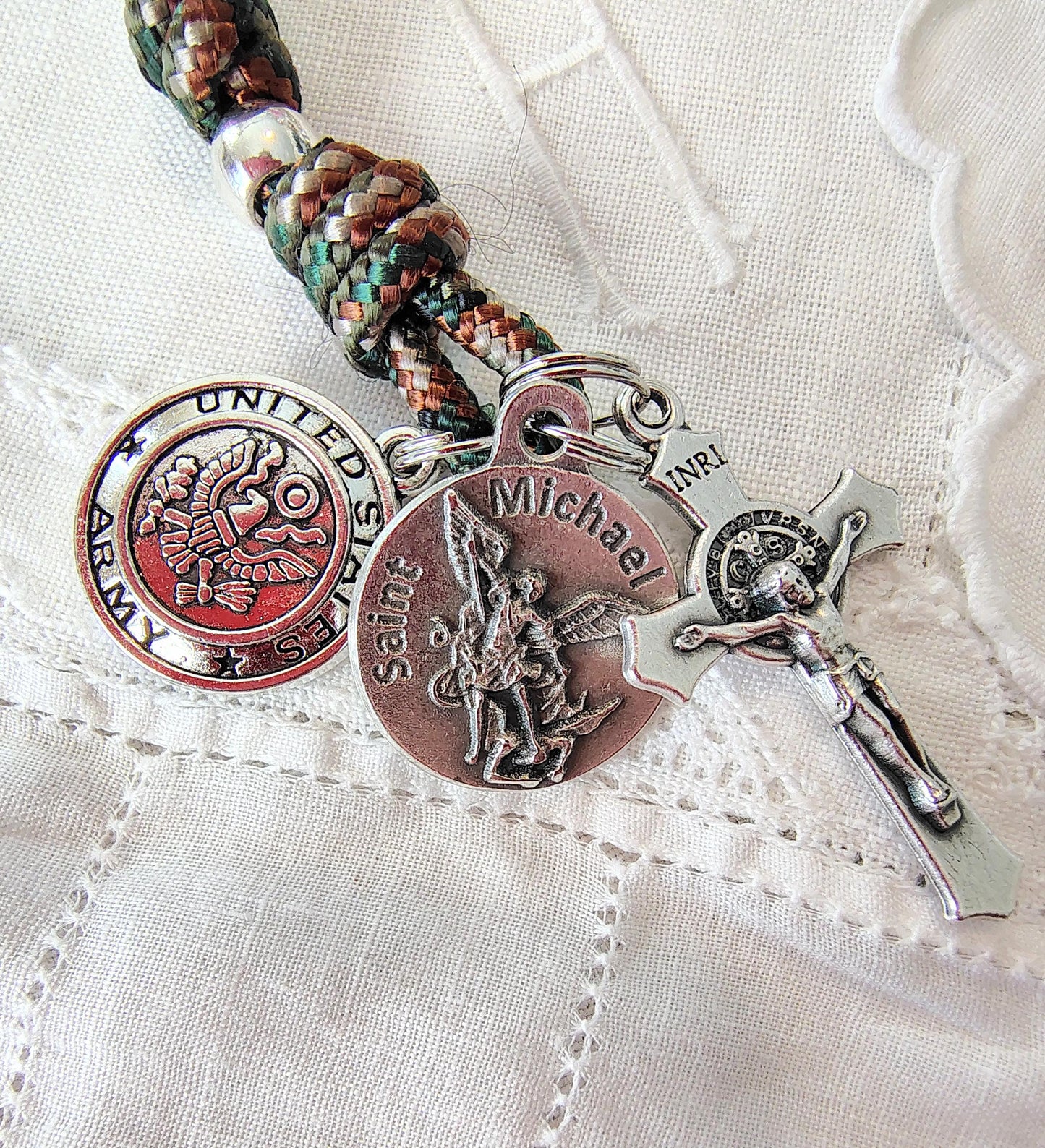 Customizable by branch Military Hand Knotted Paracord Tenner Rosary gift Set Saint Michael, St. Benedict, Warrior Medal, Prayer Cards