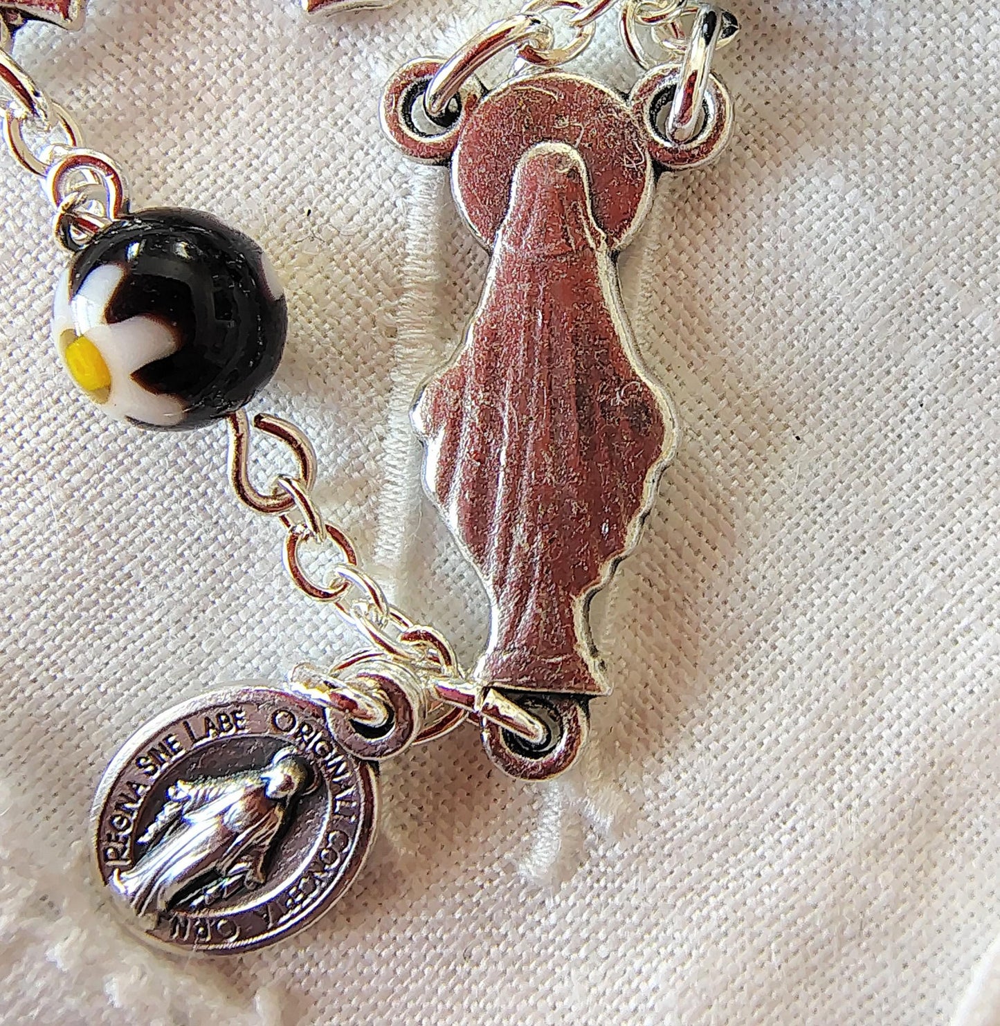Millefiori Car Rosary black, white and yellow flower beads Our Lady of Grace Centerpiece bracelet Miraculous Medal Saint Benedict Crucifix