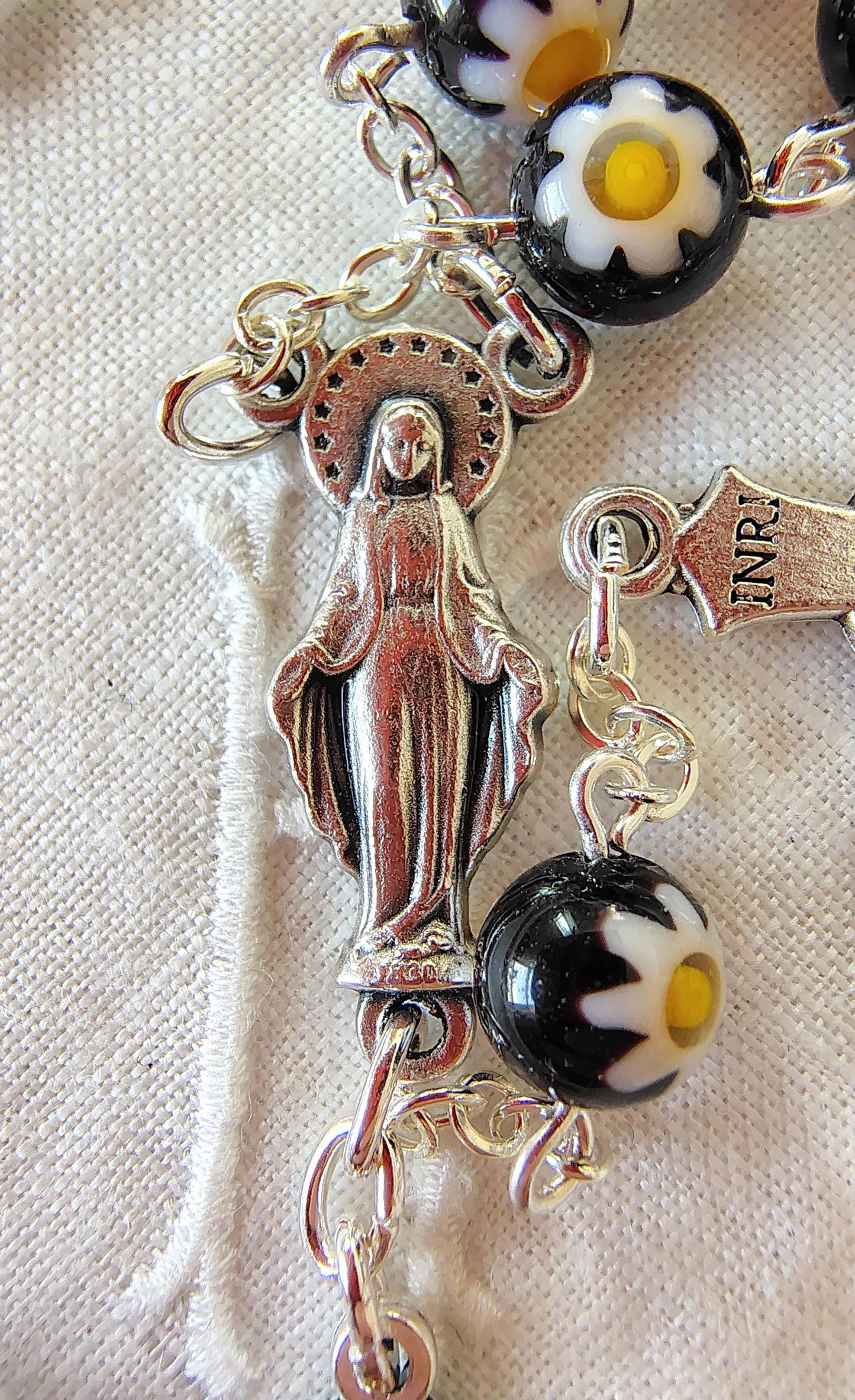 Millefiori Car Rosary black, white and yellow flower beads Our Lady of Grace Centerpiece bracelet Miraculous Medal Saint Benedict Crucifix
