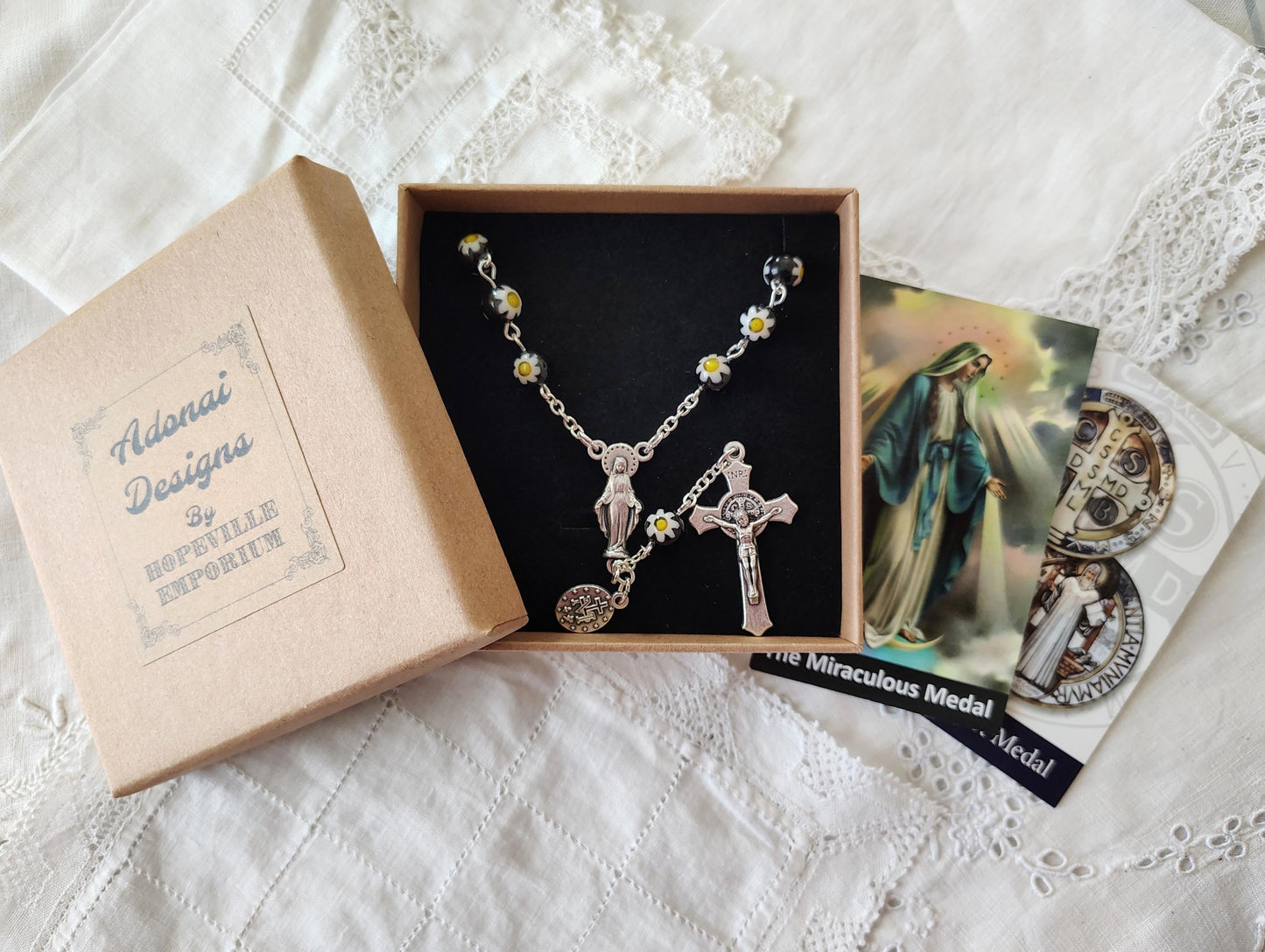 Millefiori Car Rosary black, white and yellow flower beads Our Lady of Grace Centerpiece bracelet Miraculous Medal Saint Benedict Crucifix