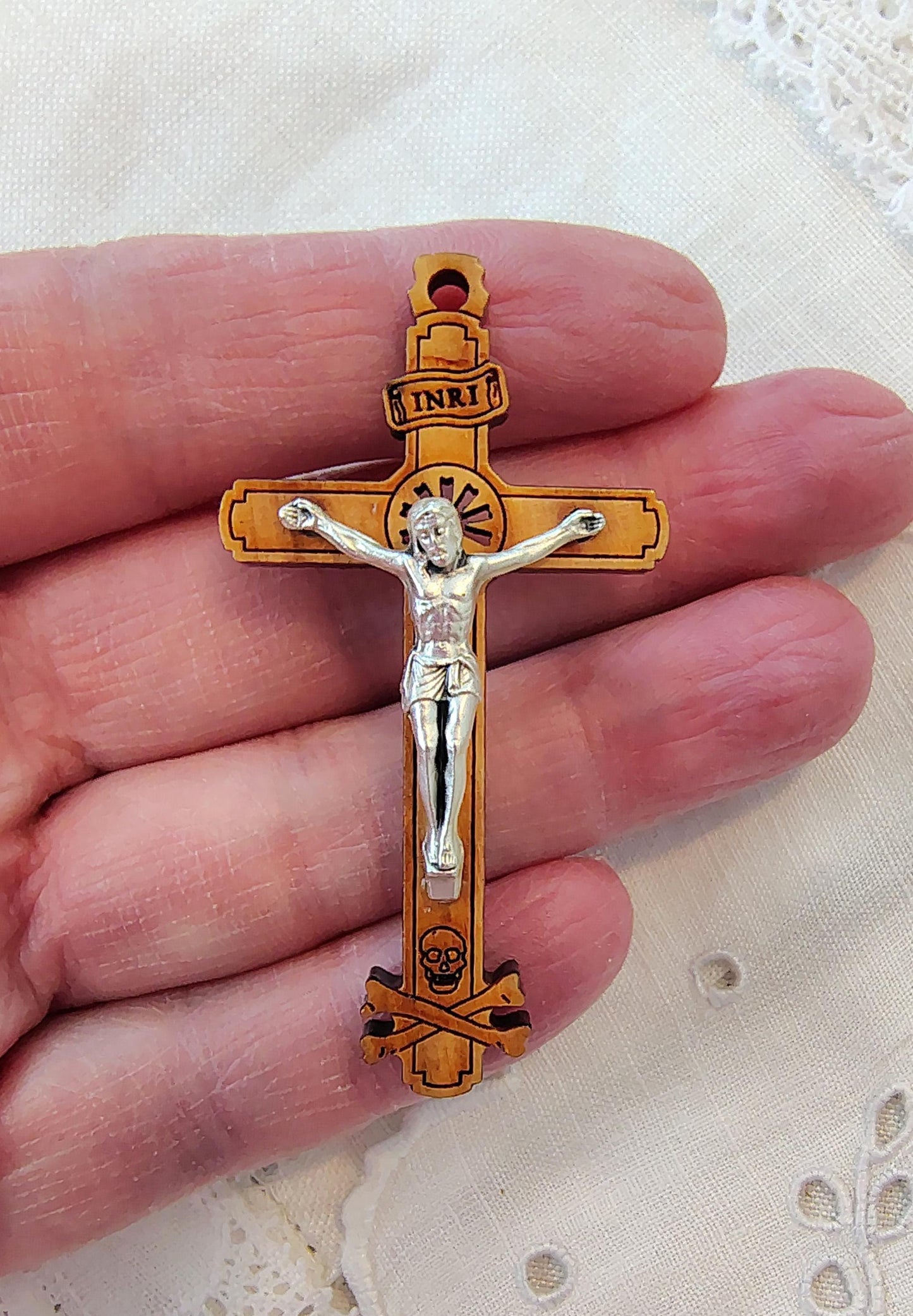 Olive wood Golgotha Crucifix pendant or Rosary Part Imported from Italy Zamac Alloy Corpus Laser engraved and polished