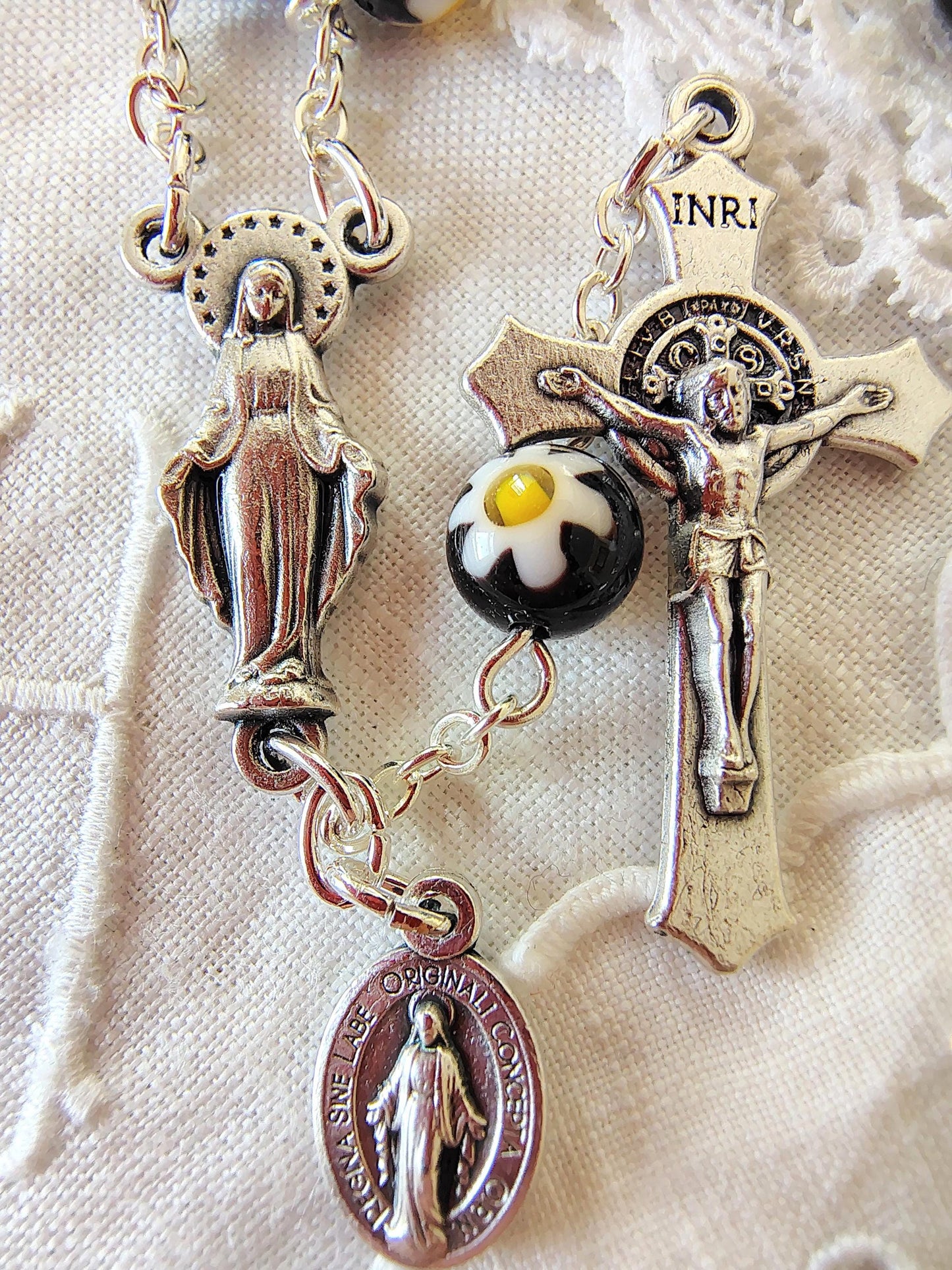 Millefiori Car Rosary black, white and yellow flower beads Our Lady of Grace Centerpiece bracelet Miraculous Medal Saint Benedict Crucifix