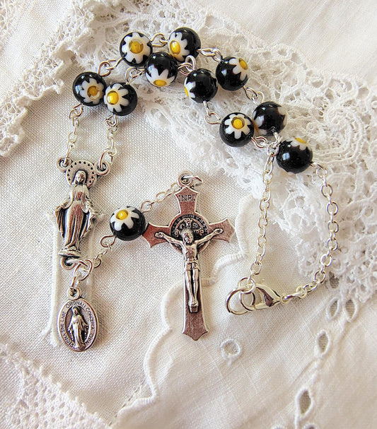 Millefiori Car Rosary black, white and yellow flower beads Our Lady of Grace Centerpiece bracelet Miraculous Medal Saint Benedict Crucifix