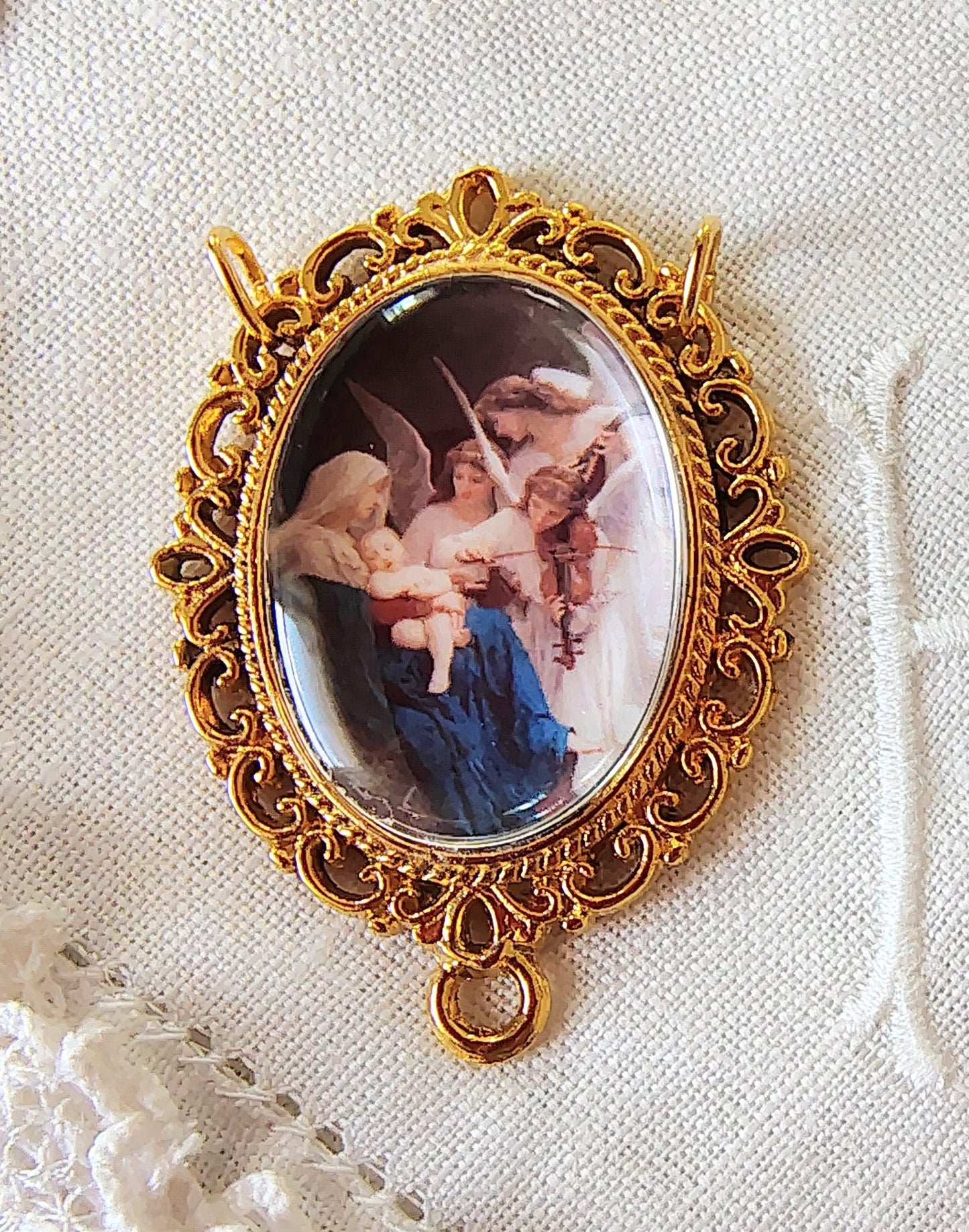 Rosary Centerpiece Bouguereau "Song of the Angels" Catholic Pendant Miniature Sacred Art Silver or Gold Plated Handmade Czech Cabochon