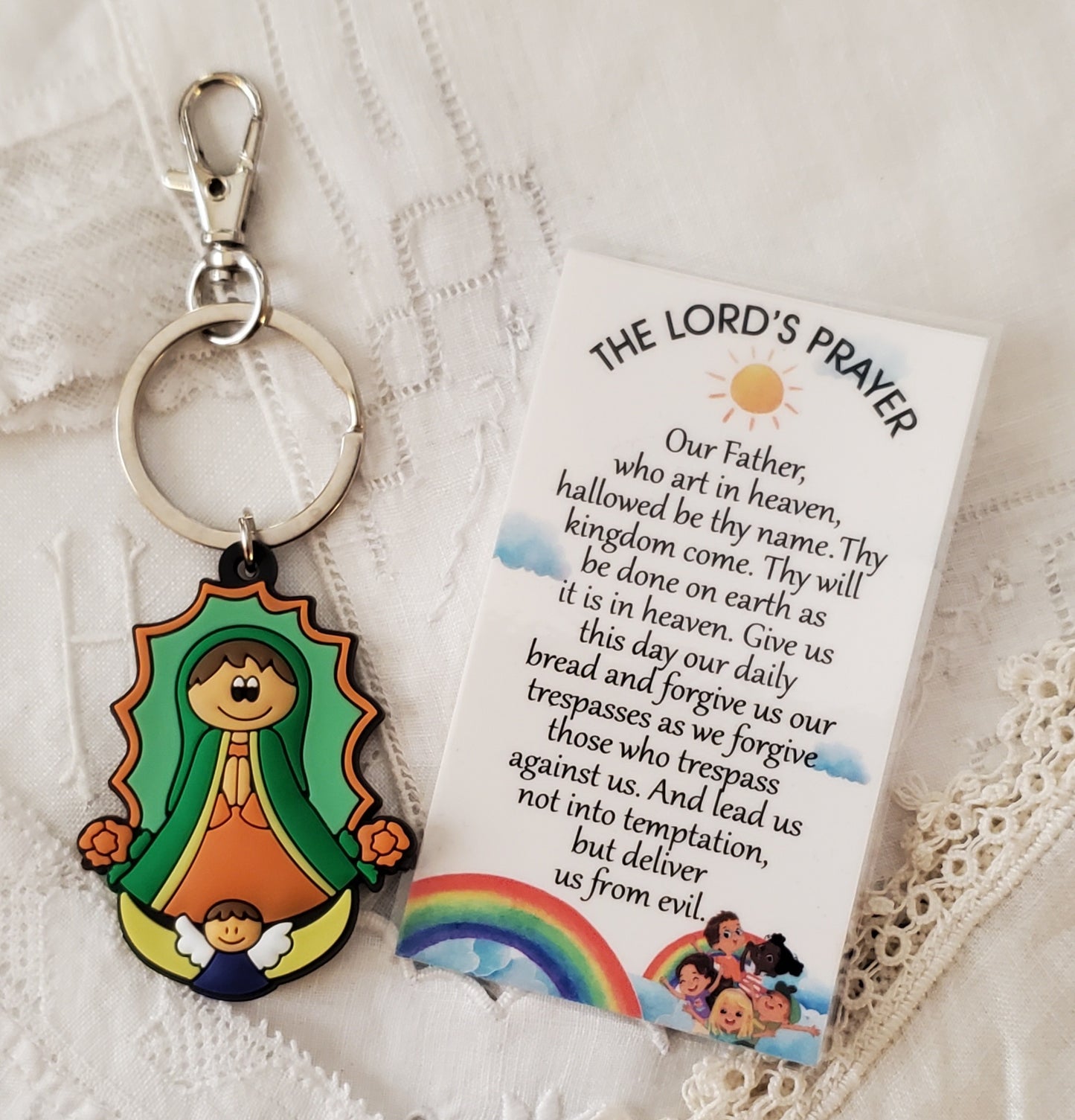 Tiny Devotions Our Lady of Guadalupe Backpack clip keychain charm set devotional 1st Communion birthday Present Christmas gift Easter toy