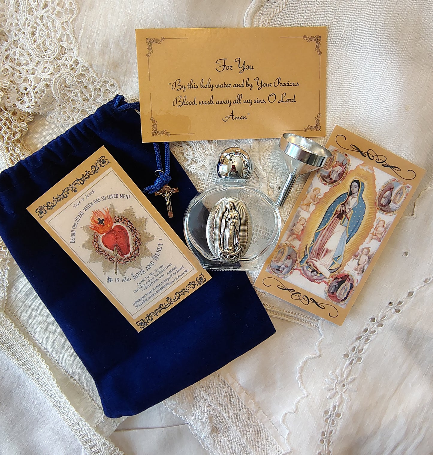 Our Lady of Guadalupe Holy Water Bottle Gift Set, Catholic present, Aqua Bendita, regalo de Battesimo, Baptism gift, 1st first communion, confirmation keepsake