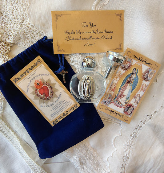 Our Lady of Guadalupe Holy Water Bottle Gift Set, Catholic present, Aqua Bendita, regalo de Battesimo, Baptism gift, 1st first communion, confirmation keepsake