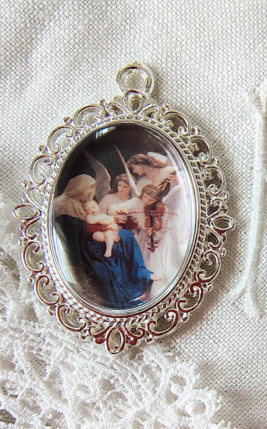 Rosary Centerpiece Bouguereau "Song of the Angels" Catholic Pendant Miniature Sacred Art Silver or Gold Plated Handmade Czech Cabochon