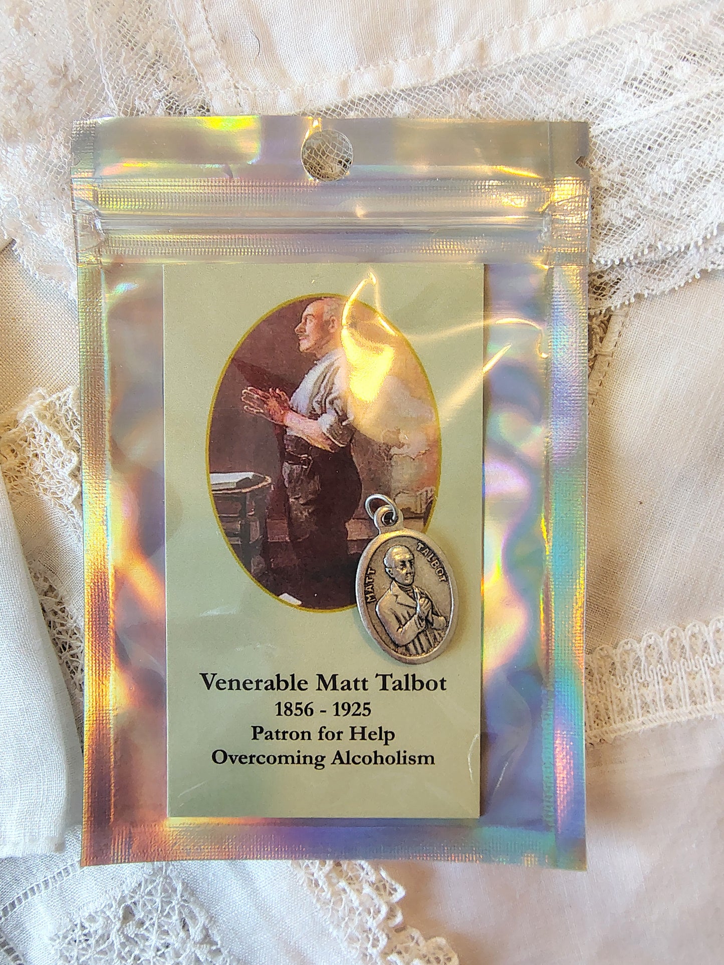 Venerable Matt Talbot medal and prayer card set sobriety charm patron saint of alcohol addiction recovery. Prayer key-chain jewelry charm.