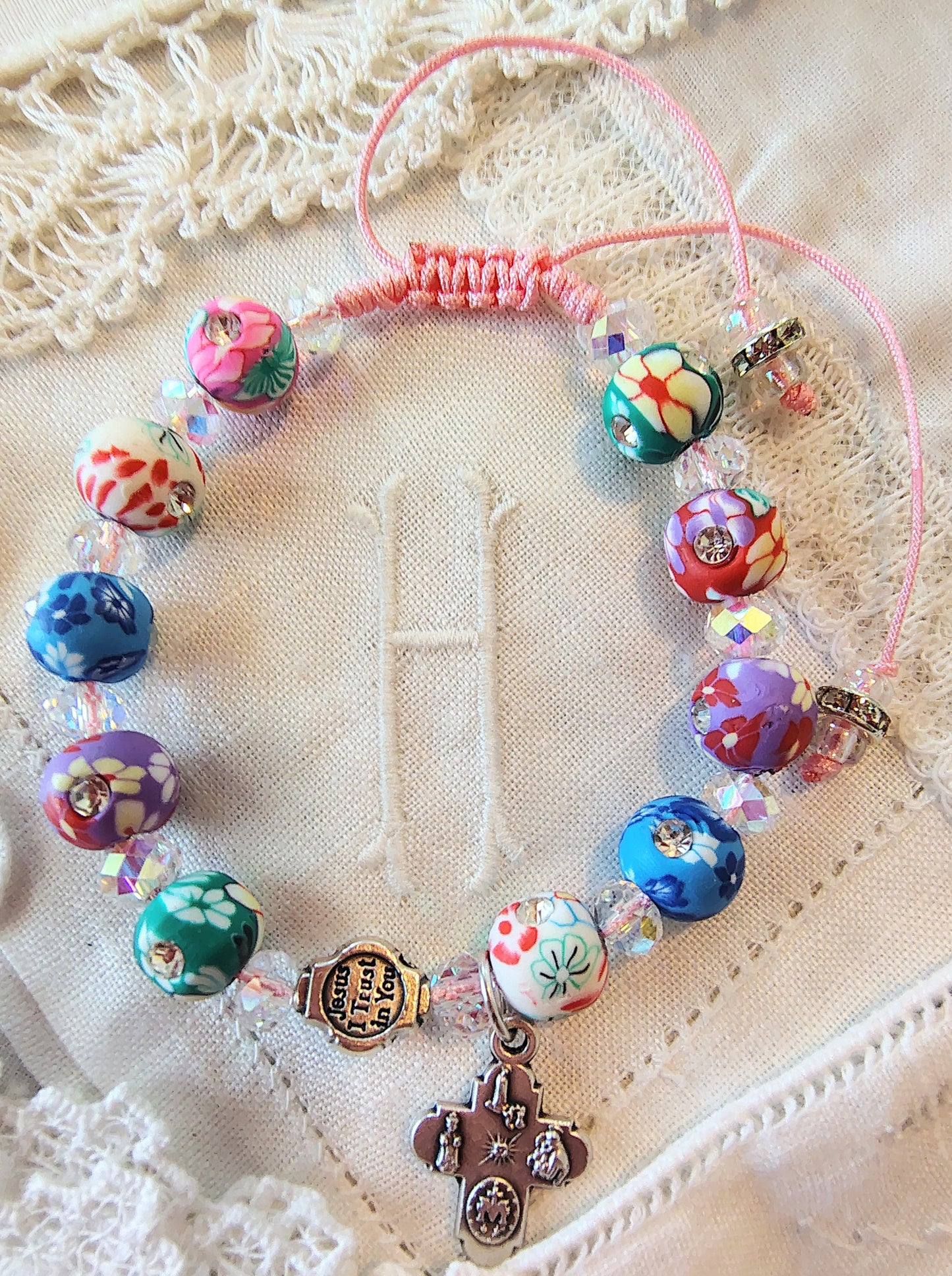 Scapular medal and Divine Mercy Bead rhinestone studded cross w/polymer clay floral beads, 4mm Crystal AB rondelles, pink nylon .5mm cord