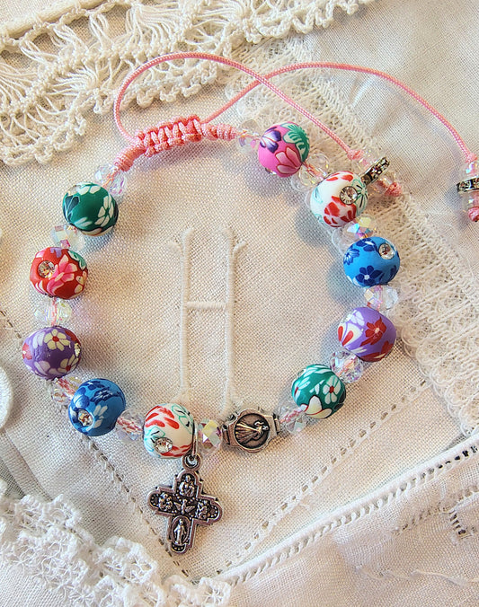 Scapular medal and Divine Mercy Bead rhinestone studded cross w/polymer clay floral beads, 4mm Crystal AB rondelles, pink nylon .5mm cord