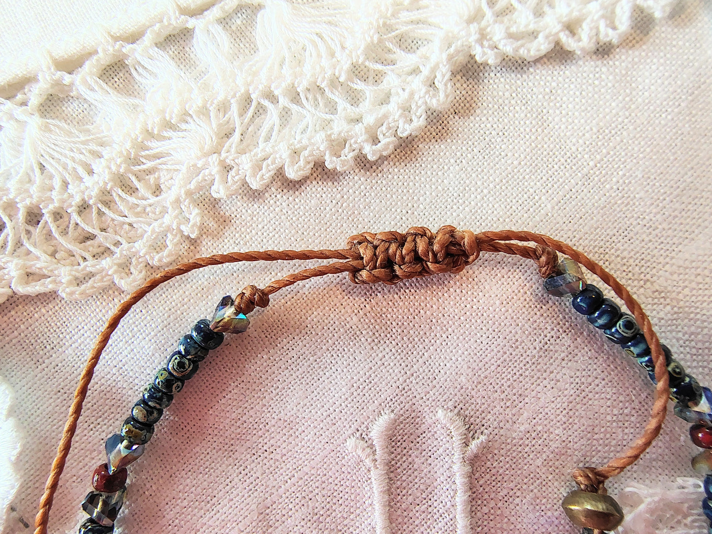 Miraculous Medal adjustable handmade bracelet with Cobalt blue Miyuki beads, red opaque Picasso Beads and Multi-colored pyramid beads