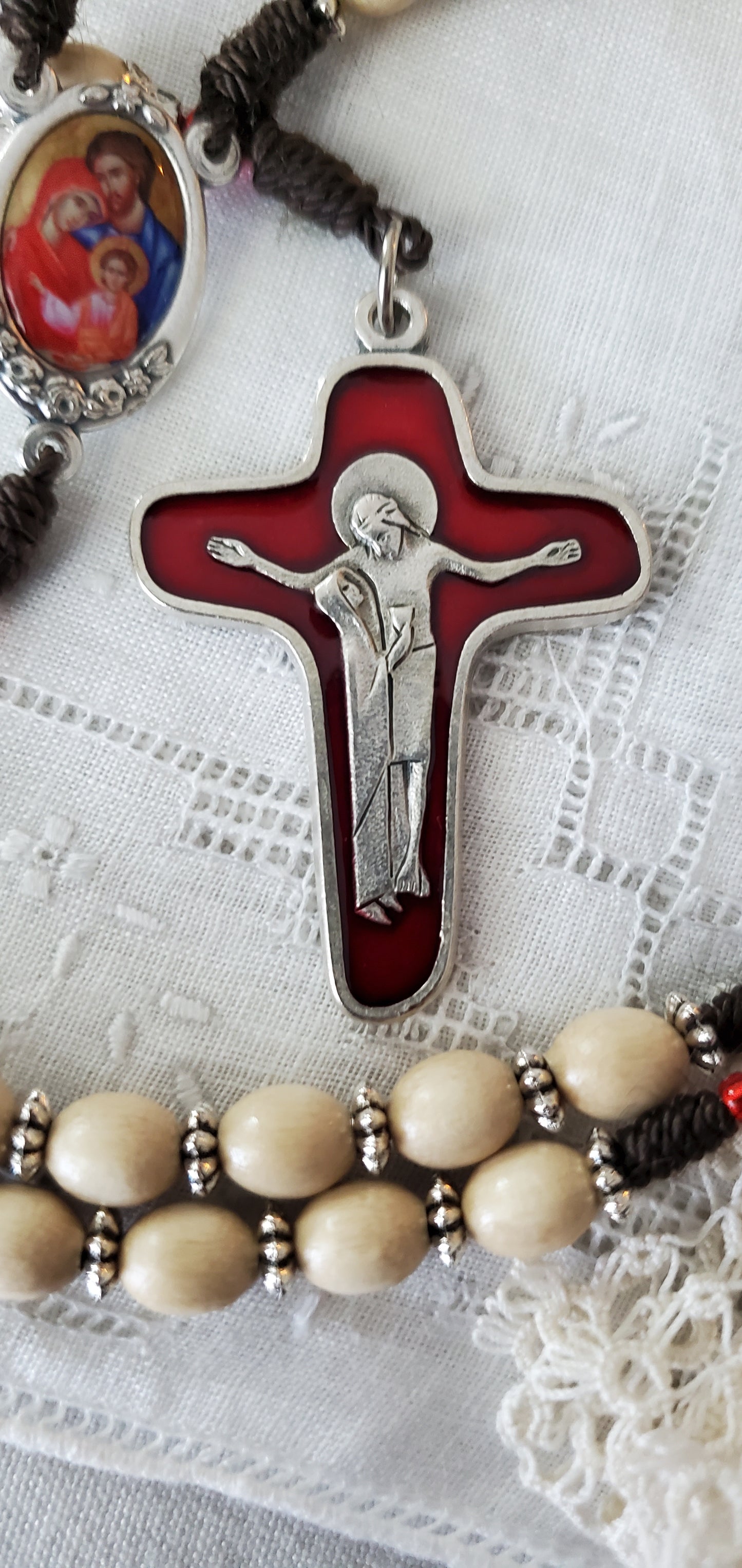 "Holy Love" Hand-Knotted Rosary with Italian Oval Wood Beads | Mary and Jesus Crucifix | Holy Family Centerpiece | Red Silver-Lined Miyuki Accents | Perfect Catholic Gift