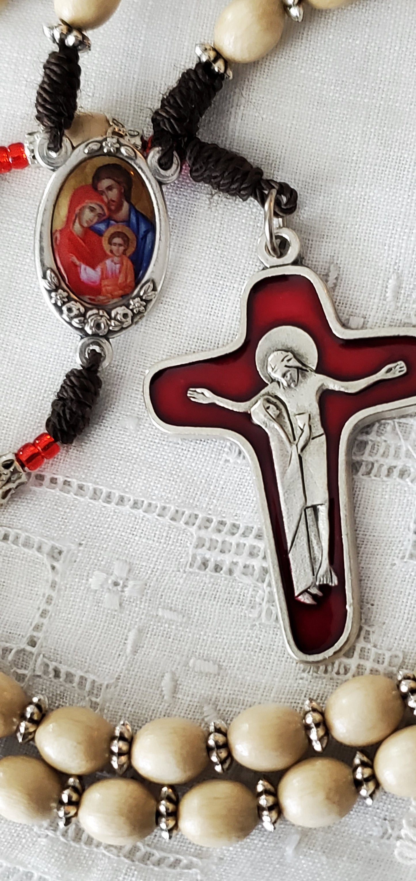 "Holy Love" Hand-Knotted Rosary with Italian Oval Wood Beads | Mary and Jesus Crucifix | Holy Family Centerpiece | Red Silver-Lined Miyuki Accents | Perfect Catholic Gift