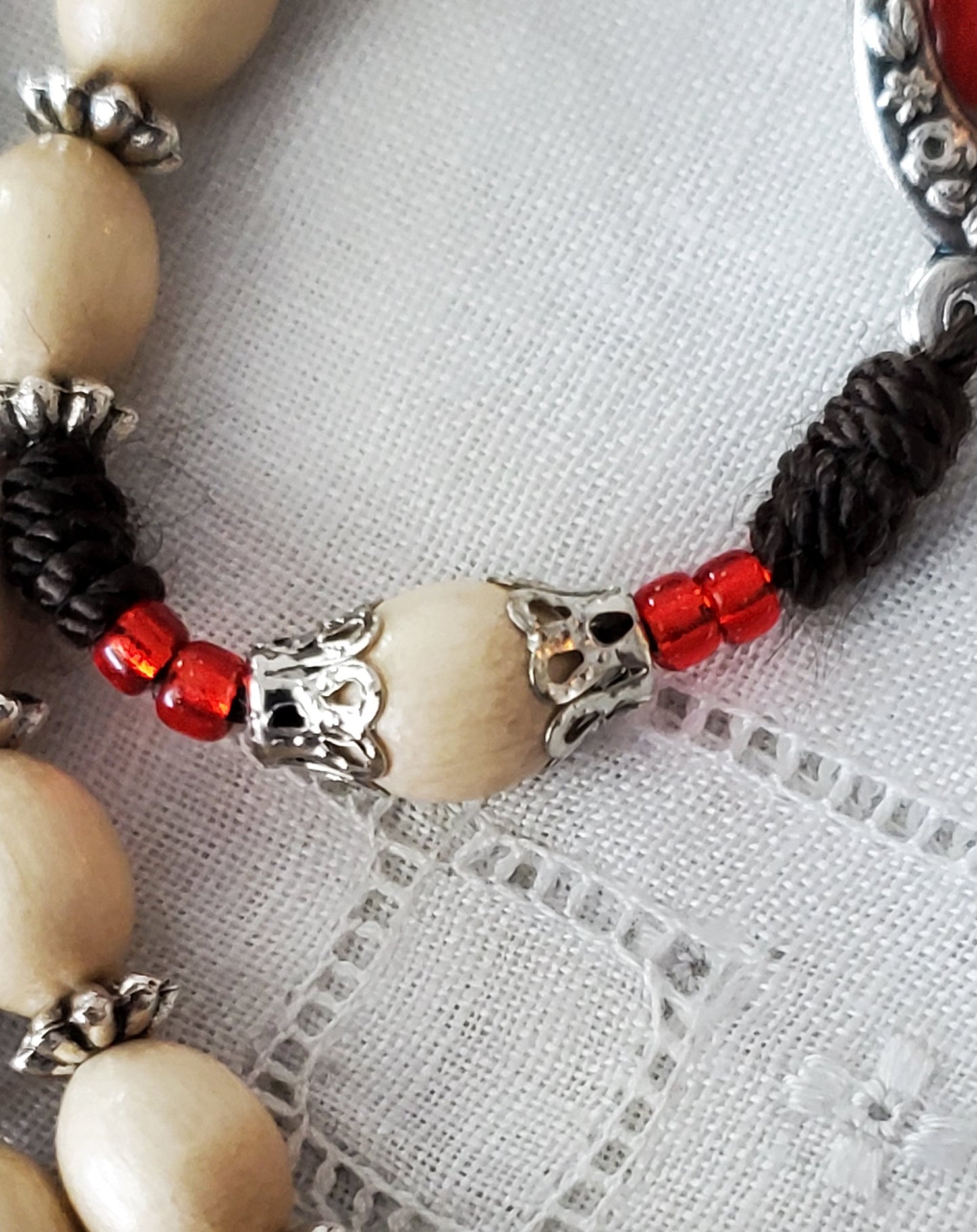 "Holy Love" Hand-Knotted Rosary with Italian Oval Wood Beads | Mary and Jesus Crucifix | Holy Family Centerpiece | Red Silver-Lined Miyuki Accents | Perfect Catholic Gift