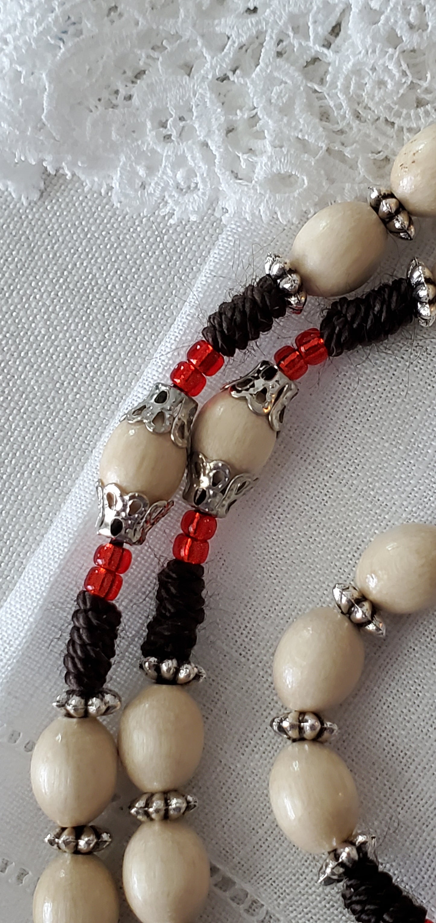 "Holy Love" Hand-Knotted Rosary with Italian Oval Wood Beads | Mary and Jesus Crucifix | Holy Family Centerpiece | Red Silver-Lined Miyuki Accents | Perfect Catholic Gift