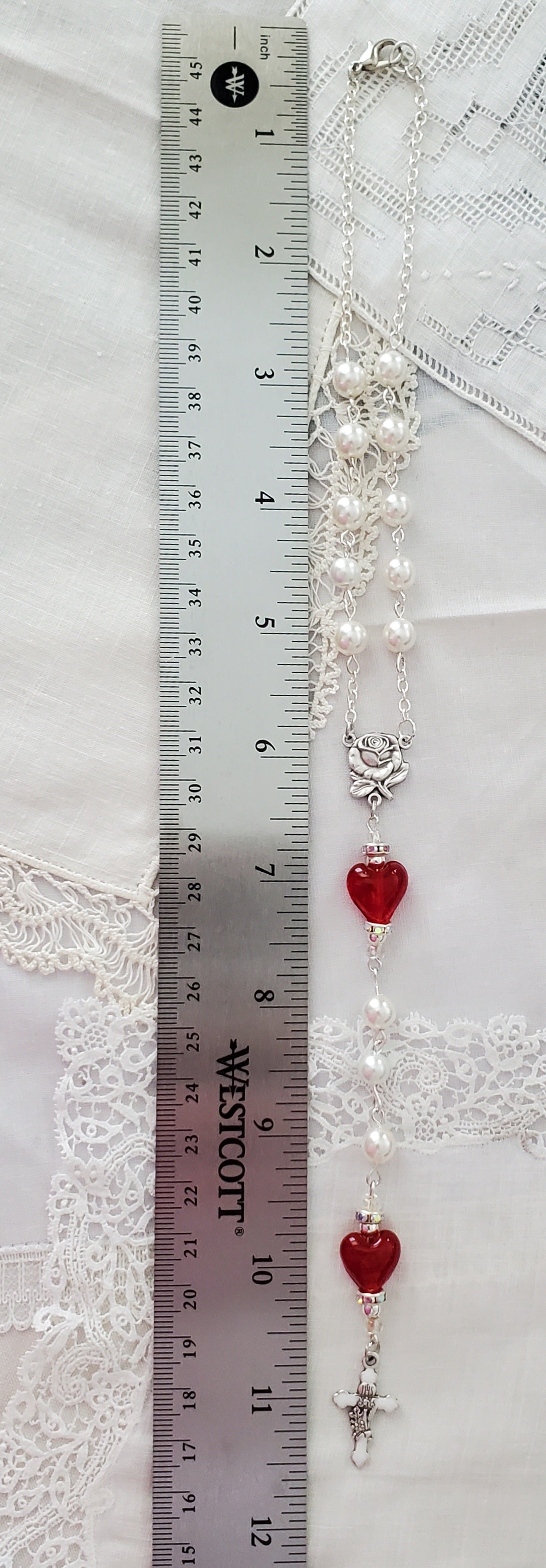 Heart and Pearl Single Decade Car Rosary Pearl Heart