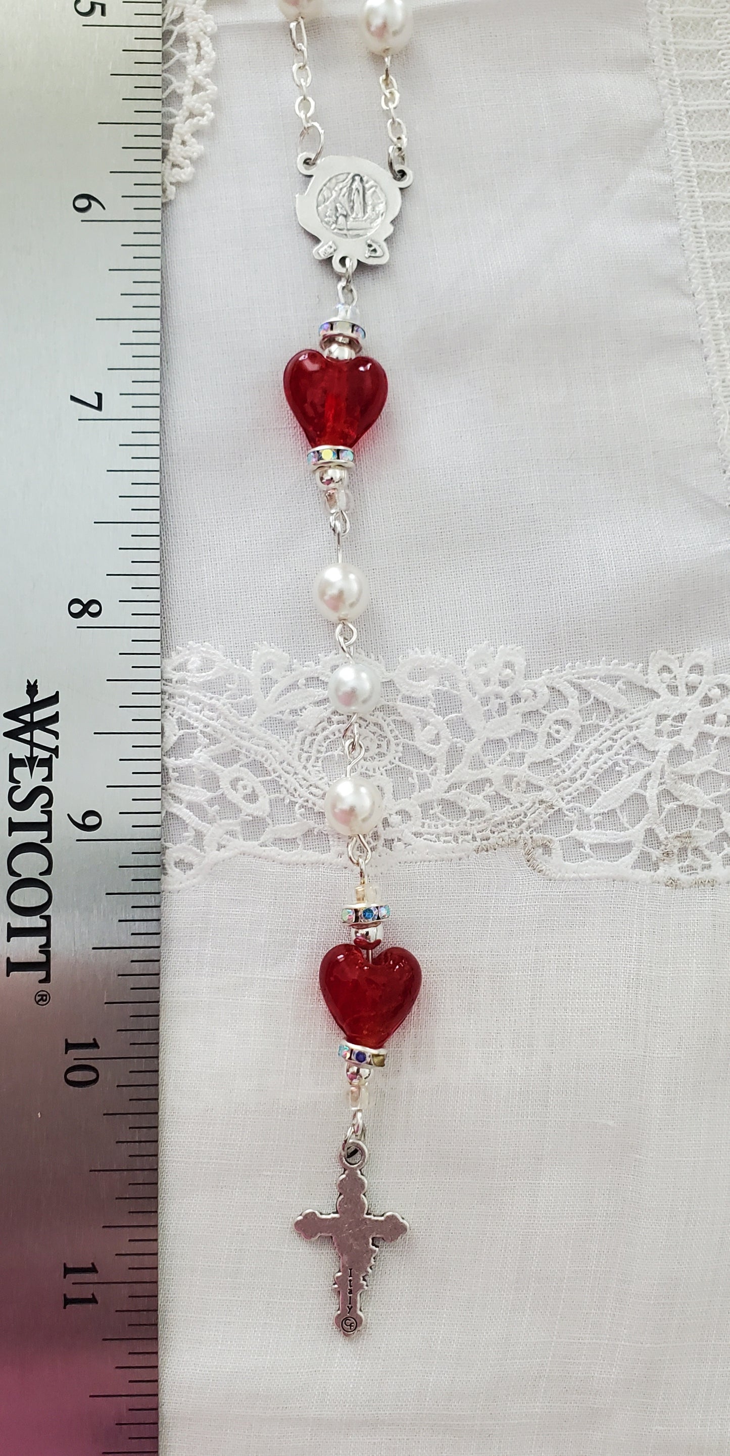 Heart and Pearl Single Decade Car Rosary Pearl Heart