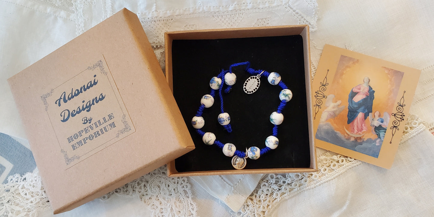 Hand Made Knotted Blue Floral Ceramic Rosary bracelet with Fatima Charm