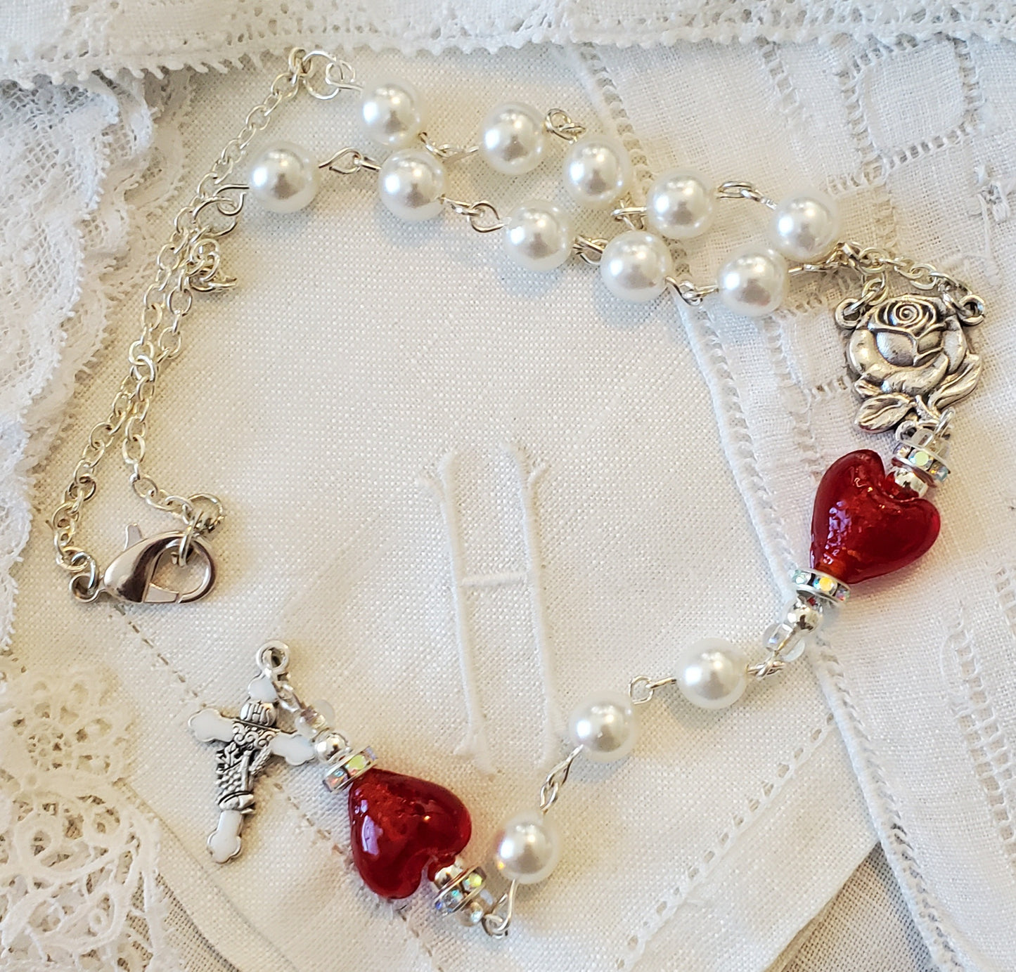 Heart and Pearl Single Decade Car Rosary Pearl Heart