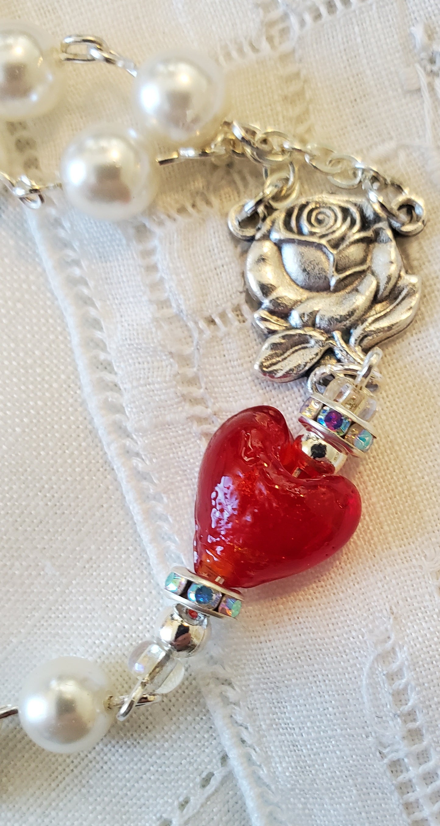 Heart and Pearl Single Decade Car Rosary Pearl Heart