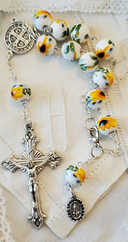 Handmade Linked St Julie Billiart Sunflower Car Rosary