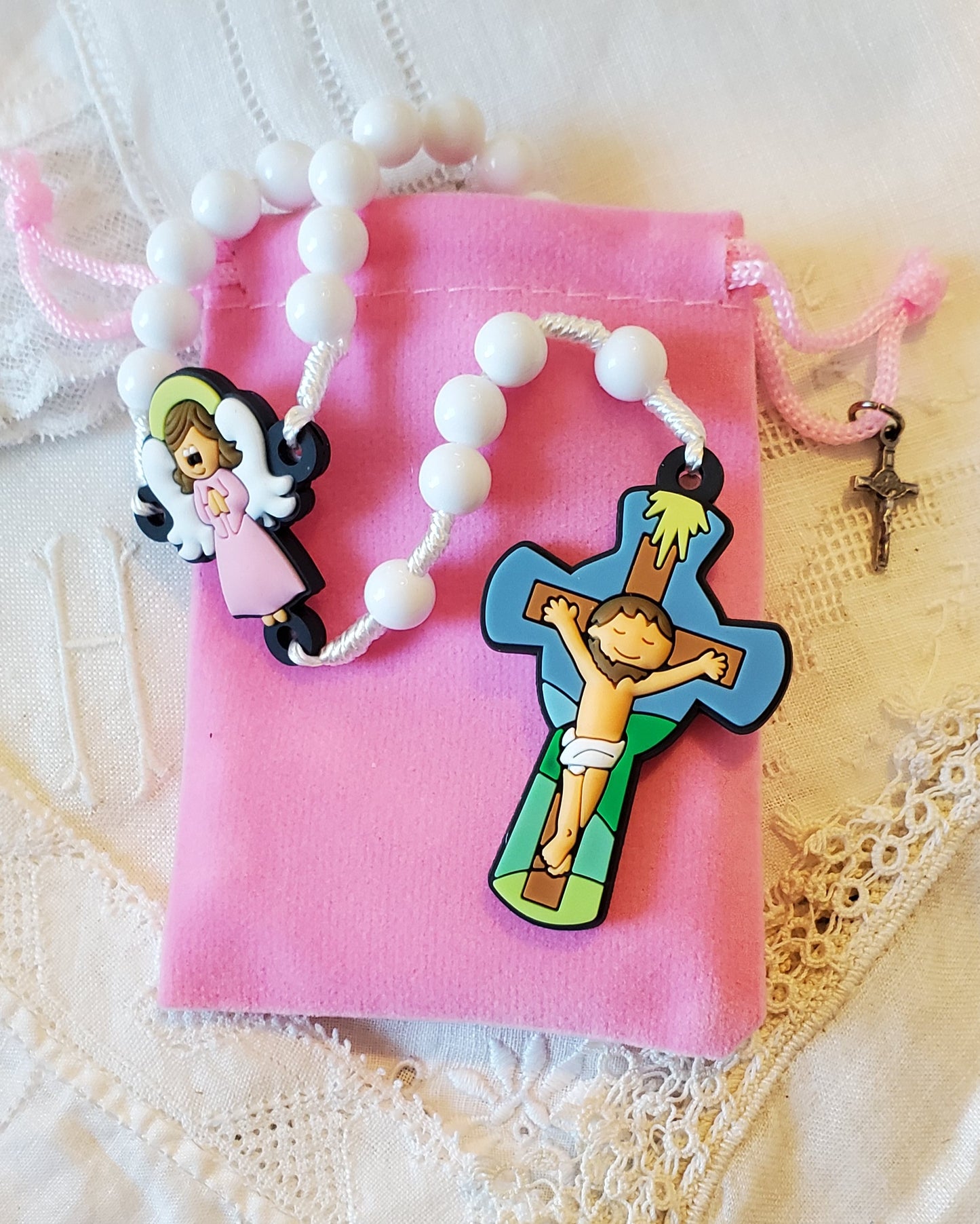 Tiny Devotions white and Pink Guardian Angel Rosary Gift set.