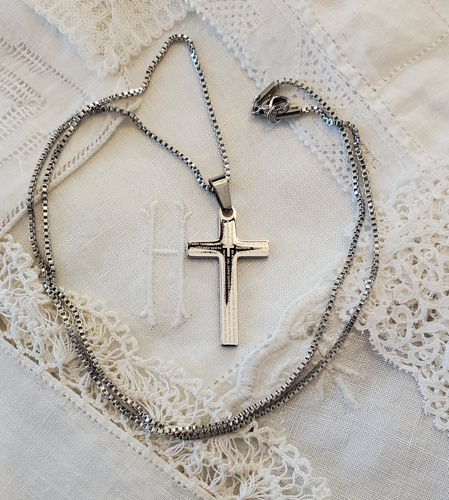 Serenity Cross Stainless Steel on Stainless Steel Chain English or Spanish choice of chain AA NA Recovery Anxiety Disorders Jewlery