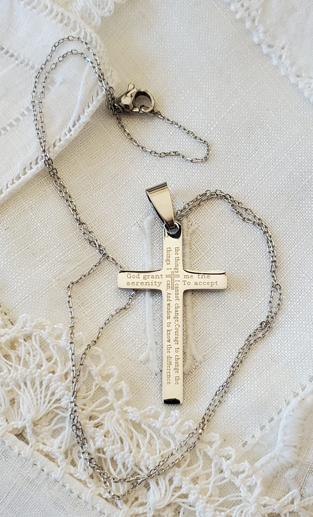 Serenity Cross Stainless Steel on Stainless Steel Chain English or Spanish choice of chain AA NA Recovery Anxiety Disorders Jewlery