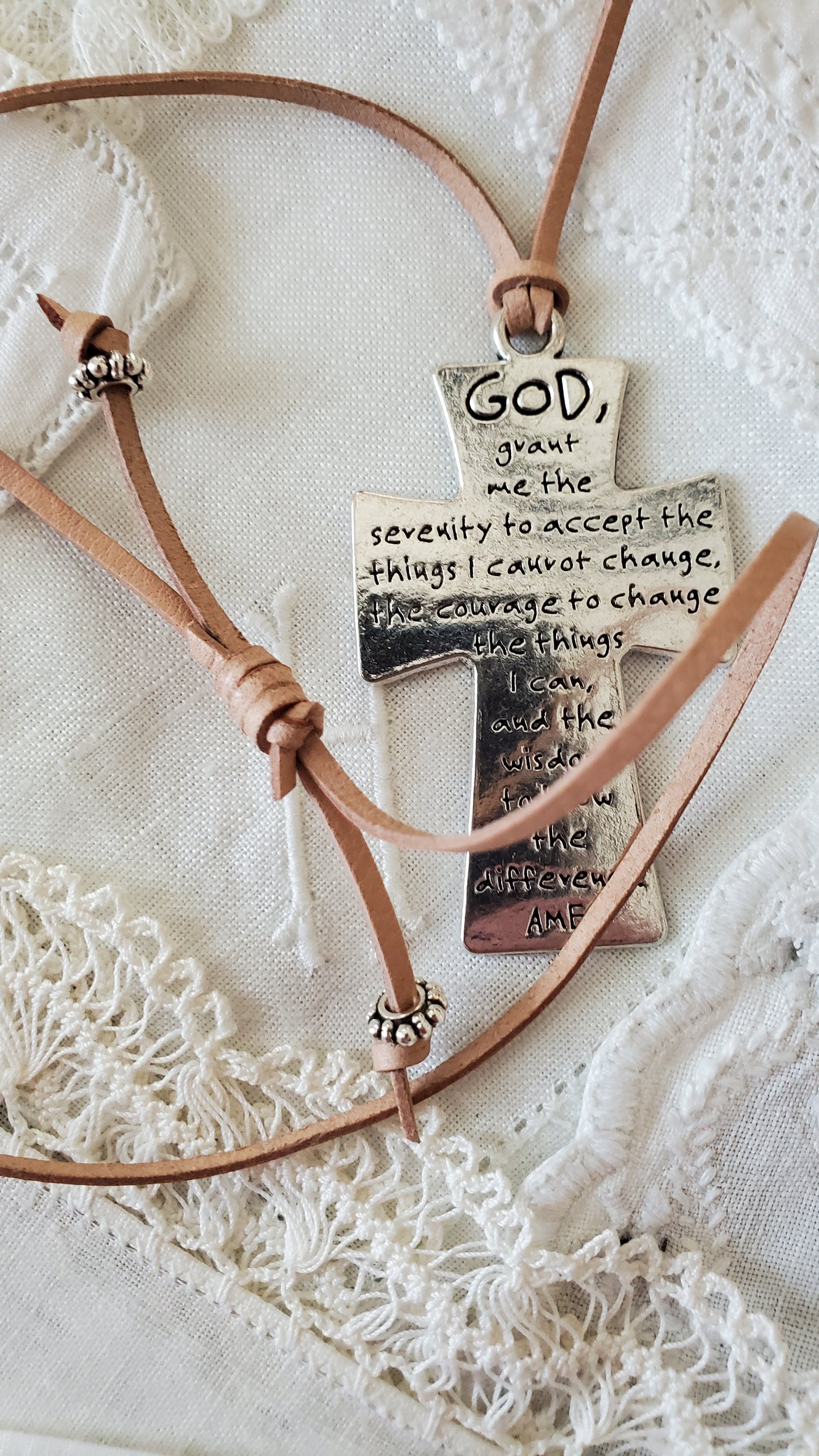 Leather Cord Adjustable Serenity Prayer on Cross Pendant AA NA Addiction Recovery