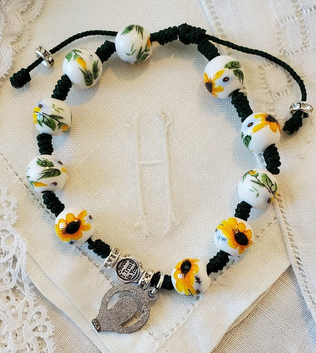 Hand Knotted Saint Julie Sunflower Rosary Bracelet