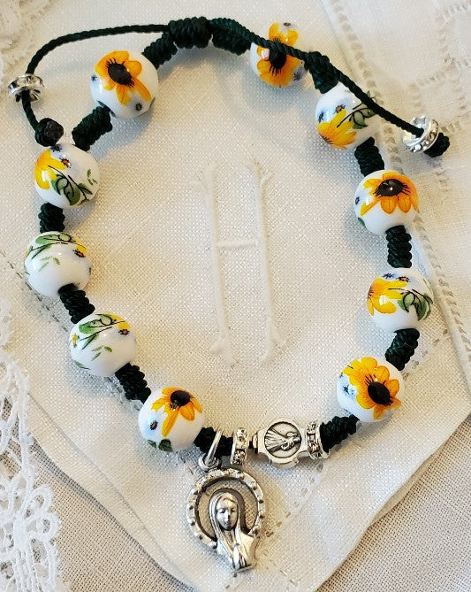 Hand Knotted Saint Julie Sunflower Rosary Bracelet