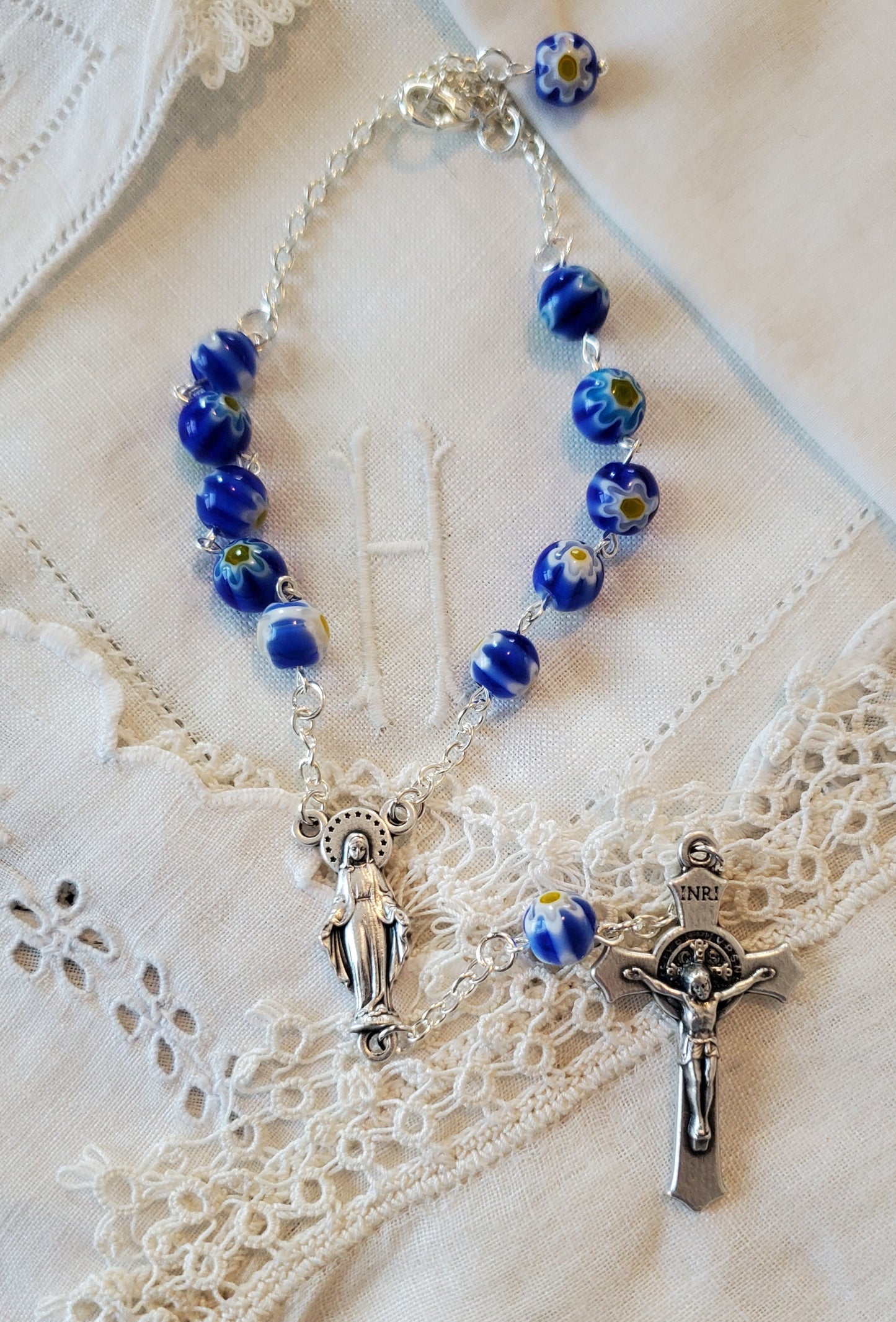 Blue Floral Millifiori Linked Car Rosary