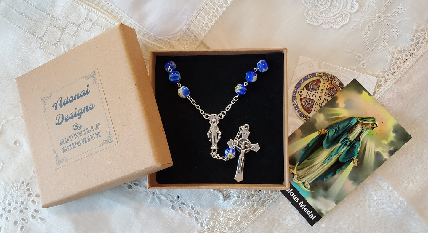 Blue Floral Millifiori Linked Car Rosary