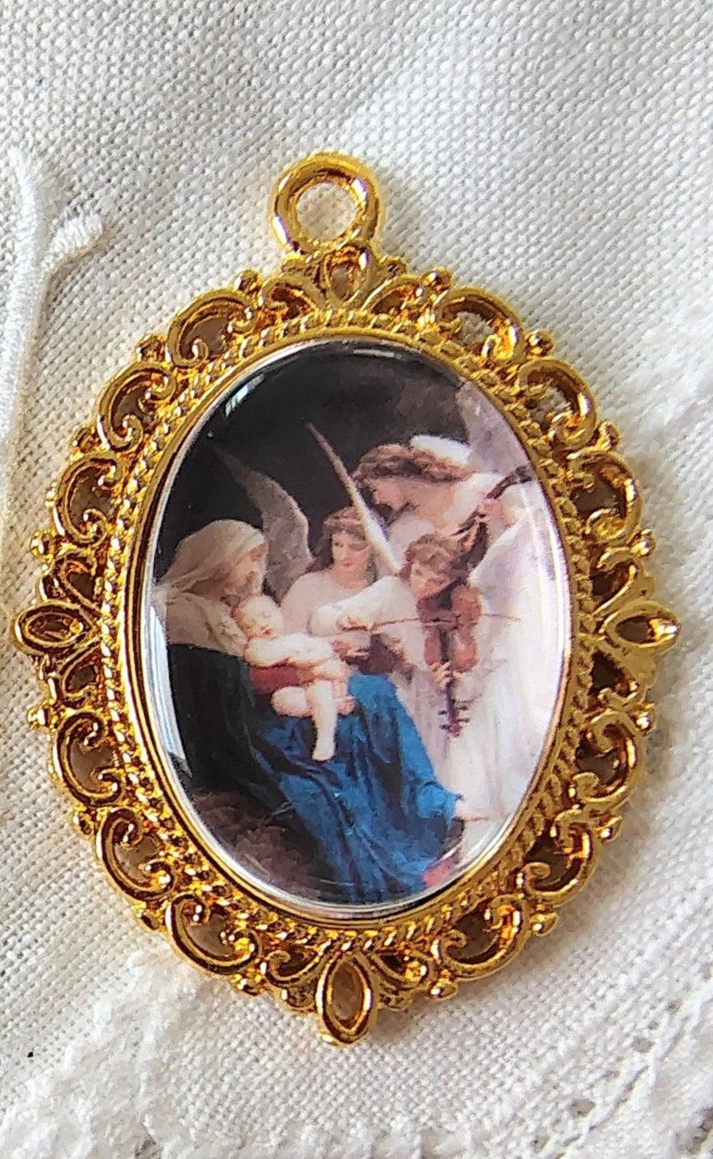 Rosary Centerpiece Bouguereau "Song of the Angels" Catholic Pendant Miniature Sacred Art Silver or Gold Plated Handmade Czech Cabochon
