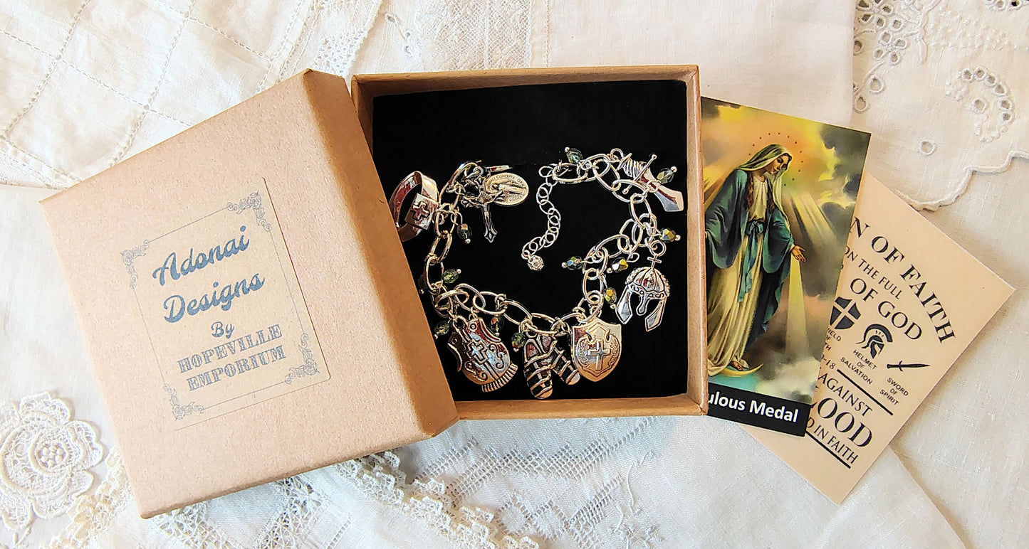 Custom Catholic Full Armor Of God Charm bracelet fire polished Czech crystal beads choose bead color bracelet size mirac. medal st Benedict.