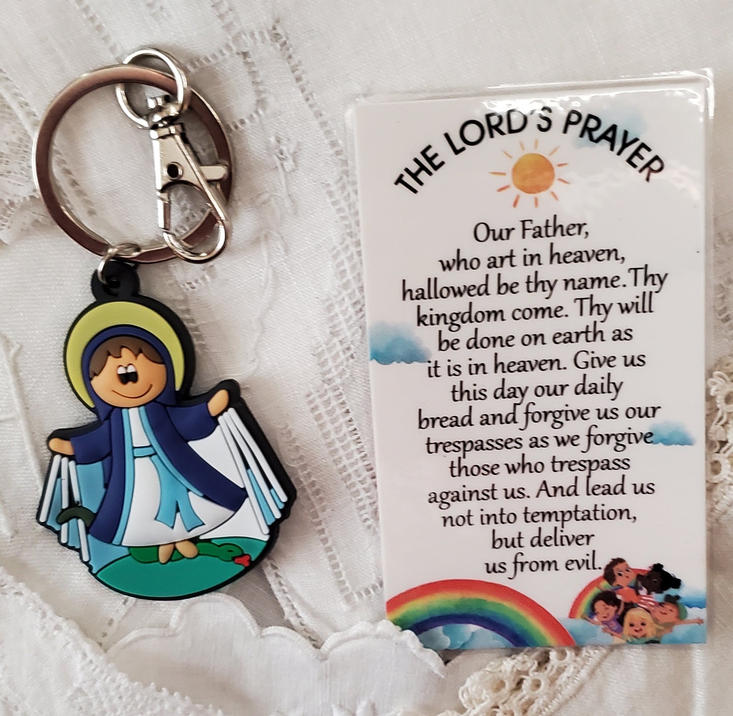 Tiny Devotions Our Lady Backpack clip keychain Charm set Backpack clip keychain charm set devotional first Communion birthday Present Christmas gift Easter toy