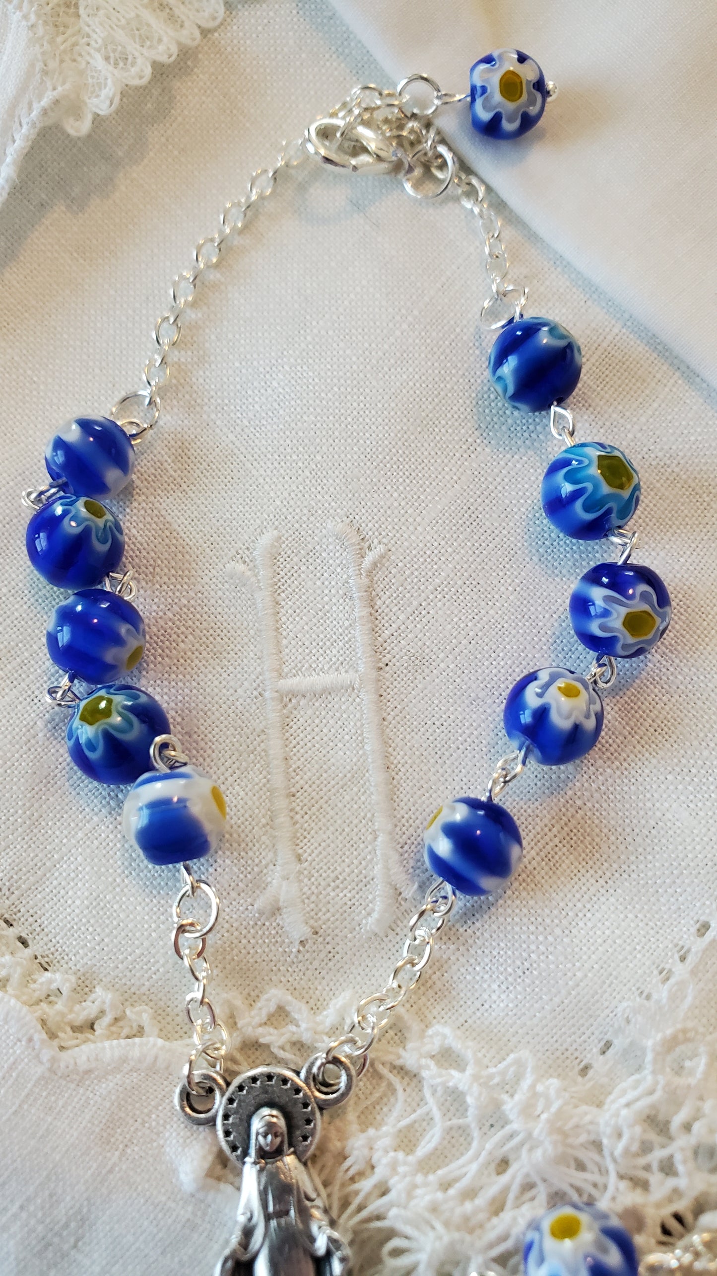 Blue Floral Millifiori Linked Car Rosary