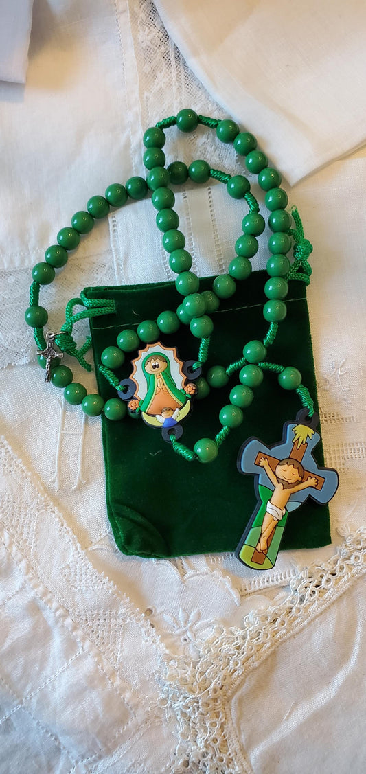 Children's Our Lady of Guadalupe Rosary Gift Set: Catholic First Communion knotted rosary children's prayer card velvet bag with crucifix