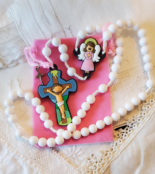 Children's Pink Guardian Angel Rosary Gift Set: Catholic First Communion knotted rosary children's prayer card velvet bag with crucifix, box