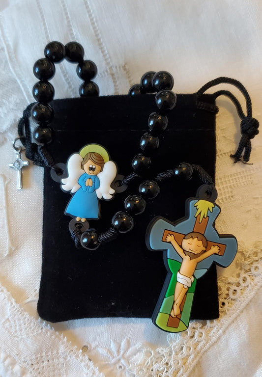 Children's Blue Guardian Angel Rosary Gift Set: Catholic First Communion knotted rosary children's prayer card velvet bag with crucifix