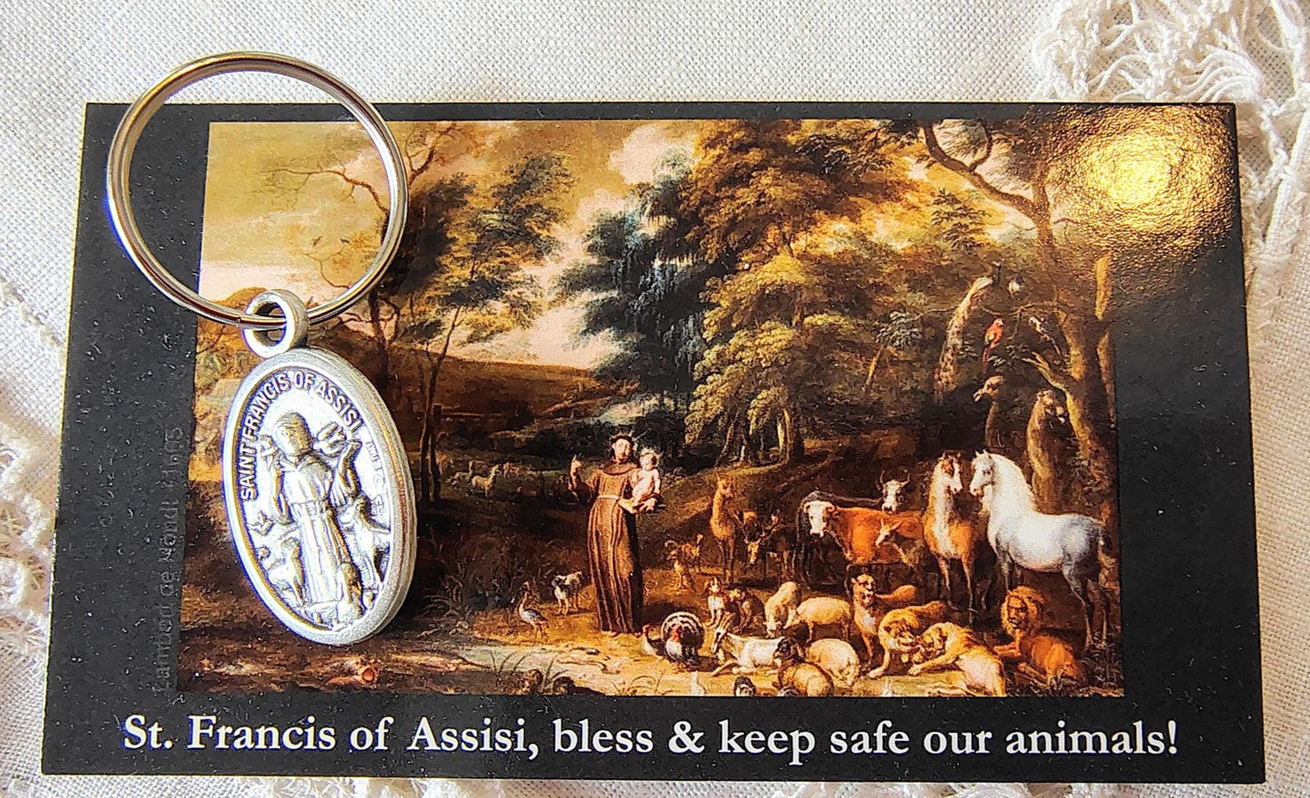 Customizable St. Francis of Assisi Medal: Pet Collar Charm, Key Chain, Charm Chain, Rosary Accessory, Prayer Card with Pet Blessing