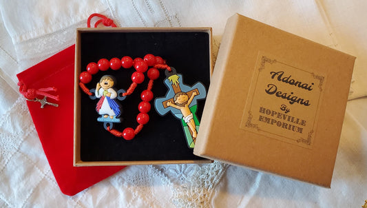 Children's Divine Mercy Rosary Gift Set: Catholic First Communion knotted rosary children's prayer card velvet bag with crucifix gift box