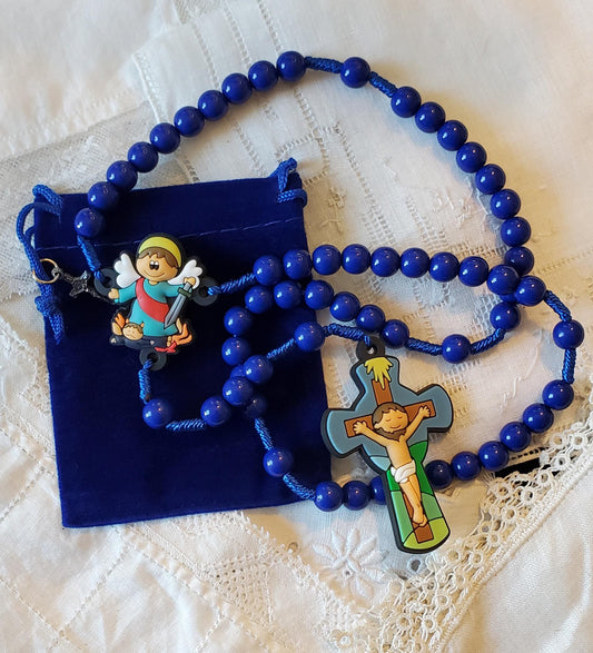 Children's Saint Michael Archangel Rosary Gift Set: Catholic First Communion knotted rosary children's prayer card velvet bag with crucifix